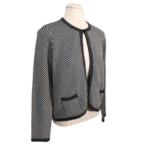 J. MCLAUGHLIN Black & White Eyehook Open Front Cardigan Beaded Trim Size Medium - Picture 2 of 5